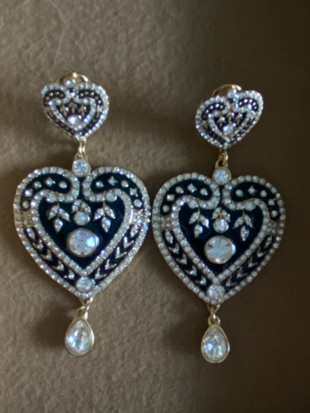 Heidi Daus Gold-Tone Black Enamel Heart Drop Earrings with Clear Crystals